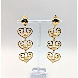 Vintage Gold Tone Faux Pearl Open Hearts Dangle Long Clip On Earrings